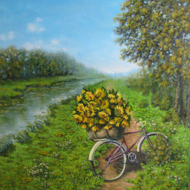 Велосипед с подсолнухами 50 см х 60 см холст, масло