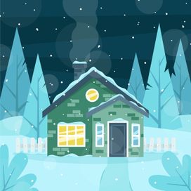 Кирпичный домик в снегу. 