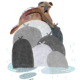 Дворняга на мусорных мешках