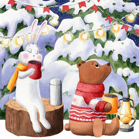 Детская иллюстрация "зайка и медвежонок пьют чай"