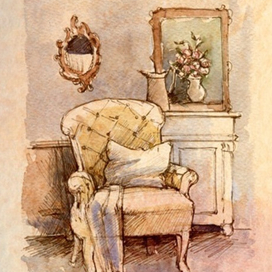 Скетч, интерьер , акварель
