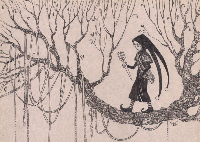 Девочка с ножницами и верёвкой