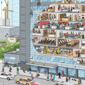 Виммельбух иллюстрация о работе IT компании.