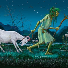 Кикимора тащит козу через болото.