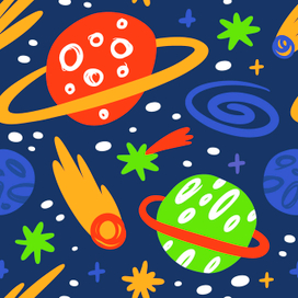 Vector illustration. Seamless pattern for baby products. Outer space with planets and stars.