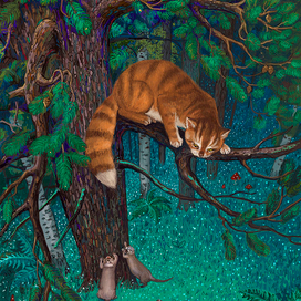 Кот Тимофей спасается на сосне от злых выдр.