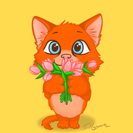 Котенок с тюльпанами