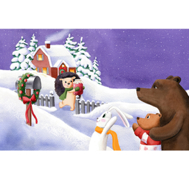 Детская иллюстрация " Ёжик спешит к друзьям праздновать Новый год"