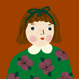Иллюстрация девочки в свитере с дветами и с бантом на голове. Персонаж, портрет в наивном стиле.