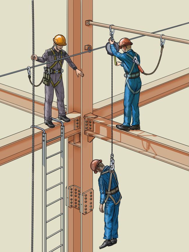 Повис на страховке.