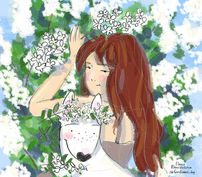 портрет девушка яблоня бультерьер