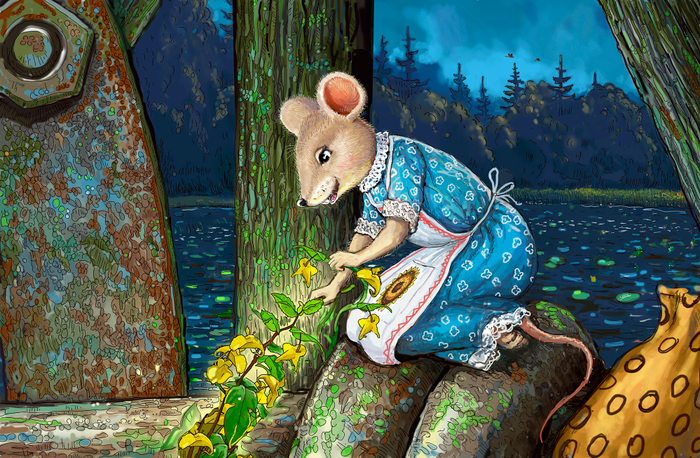 Мышка Аришка обматывает Разрыв-травой ось колеса мельницы.