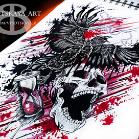 Эскиз тату в стиле треш полька. Ворон череп.