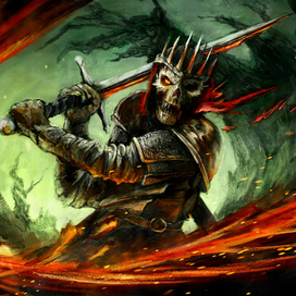 Скелет воин с двуручным мечем на зеленом фоне.