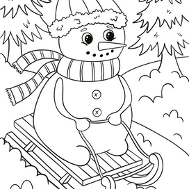 Children's coloring page "Snowman on a sleigh"