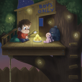 Вечер на балконе домика на дереве.