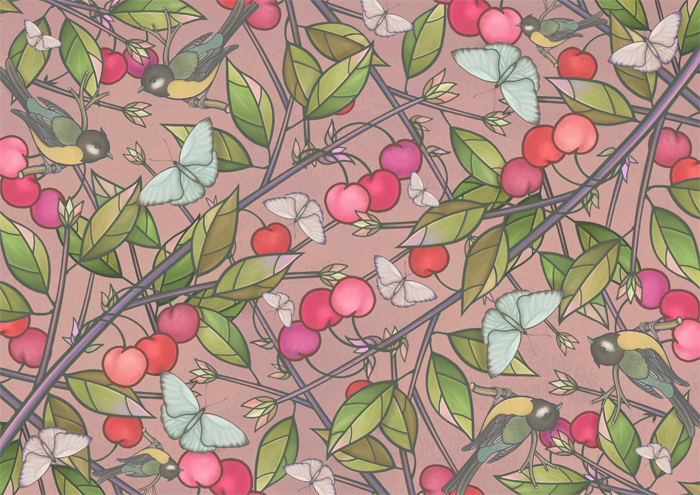 Синички среди веток черешни. Иллюстрация. Цифровая живопись