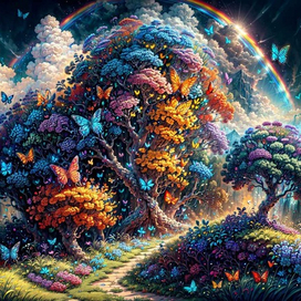 AI.Нашествие бабочек на цветущее дерево в сказочной стране.