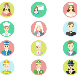 Набор персонажей "люди разных профессий". Векторное изображение. Иконки выполнены в 3 различных вариантах - на круглом цветном фоне, на белом фоне и на темном фоне.