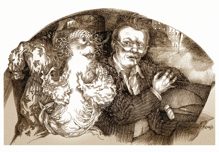 Иллюстрация к роману Ирины Сумароковой «Эпизоды безразмерной жизни». Фея Ляляка и физический мужчина. 42x30. 