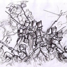 Эскиз. Русские егеря отбиваются от кирасир в битве при Тарутино.