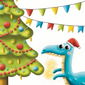 Новогодняя открытка с динозавром 