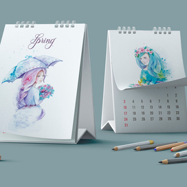 Акварельный календарь с рисунками девушек по сезонам