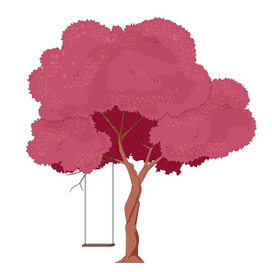дерево с розовой листвой и качелями 