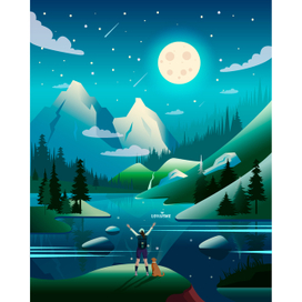 Векторная иллюстрация горного пейзажа с лесом и рекой