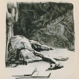 Собор Парижской Богоматери. Квазимодо уснул под дверьми Эсмиральды, охраняя её.