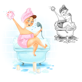 Очаровательная девица в ванной в полотенце с мочалкой