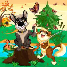 Пес и кот на рыбалке