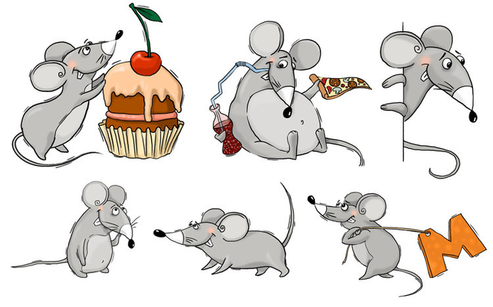 Шесть мышей. Мышка иллюстрация. Мышь мультяшная. Мышата в разной одежде. Веселый мышонок.