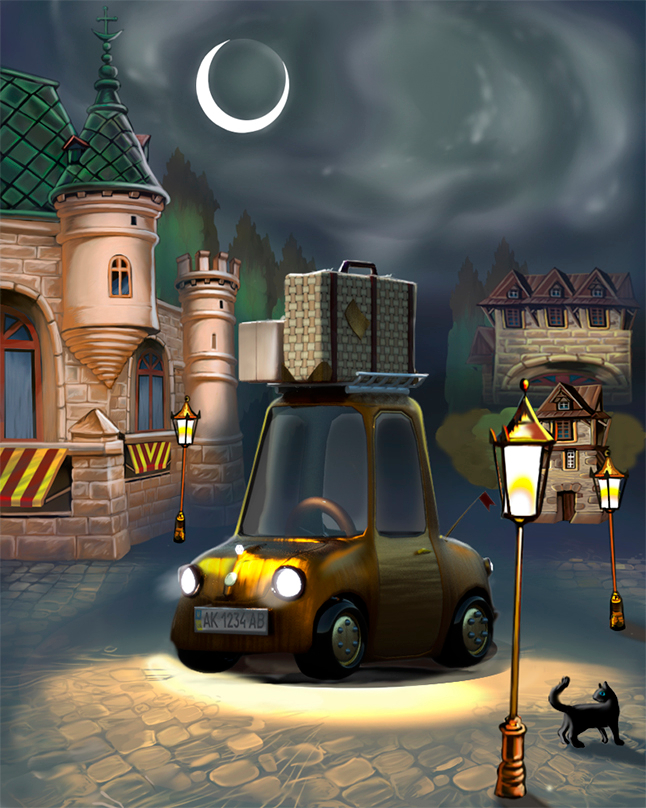 маленькая машинка в городе под луной