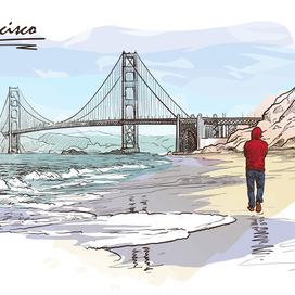 Мост Золотые Ворота, Сан-Франциско. Городская зарисовка.