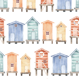 Морской принт с милыми прибрежными домиками в детском стиле