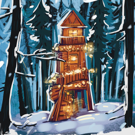 Зимний домик с огоньками