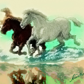 Скачут кони вдоль реки.Южная Франция.Камарг.