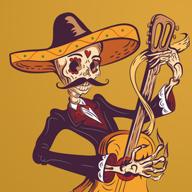 Mexican guitarist. Sugar skull. Color illustration. Vector graphics. stylization. Day of the Dead.