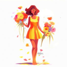Иллюстрация «Девушка с букетами цветов»