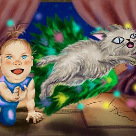 Маленькая непоседа играет с котом