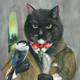 Чёрный кот Бегемот с ласточкой