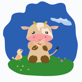 Милая коровка с мороженым на лугу