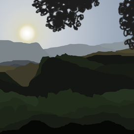 Evening landscape with distant mountains against a smoky blue sky framed by openwork foliage