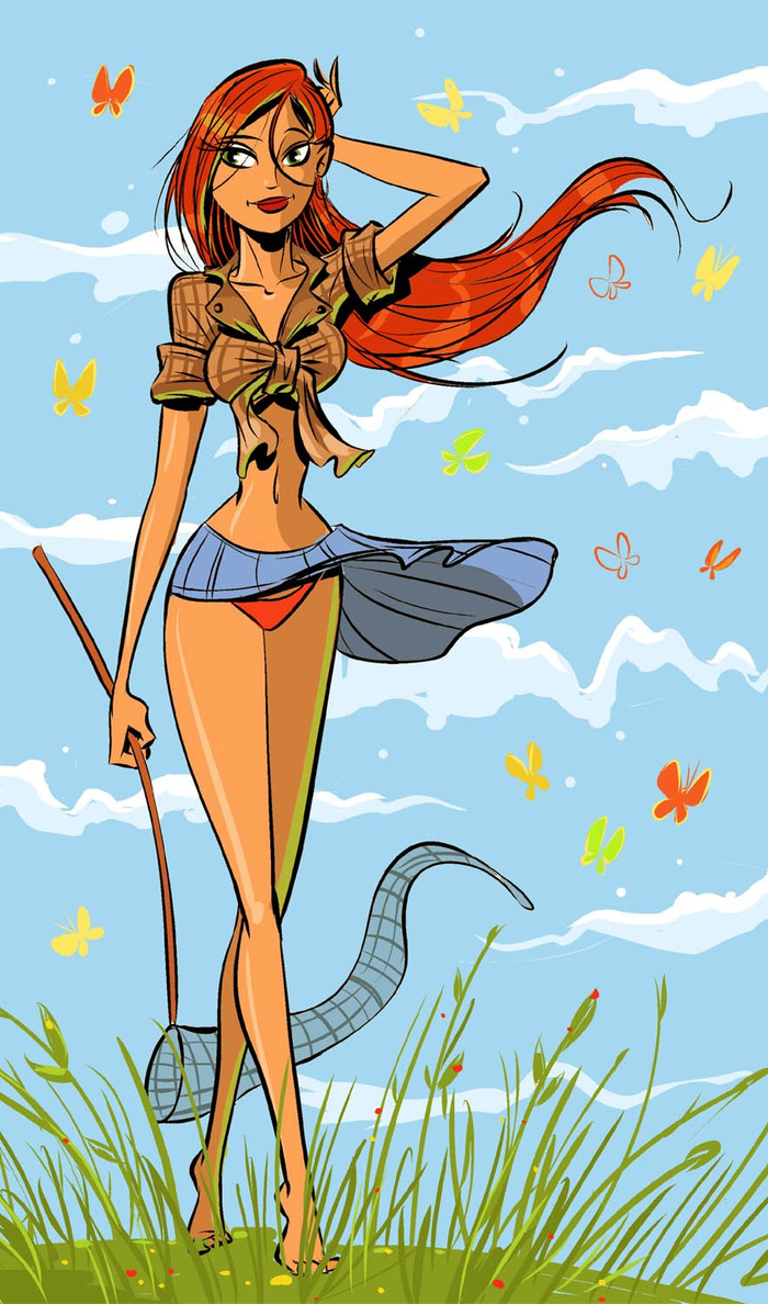 тян с сачком для бабочек