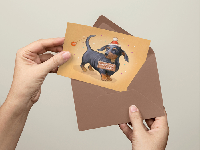 Новогодняя открытка с таксой и конверт. Цифровая живопись