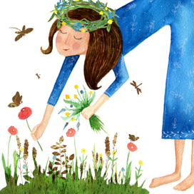 Девушка в синем платье собирает цветы