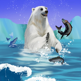 Белый медведь ловит рыбу 