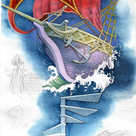 Эскиз настенной росписи. Спроектированный дизайн-проект фасада общежития, от института. (акварель,акрил) 2020г.