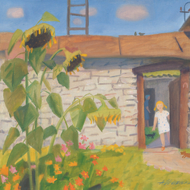 Дуняша, подсолнухи, кот и щенок